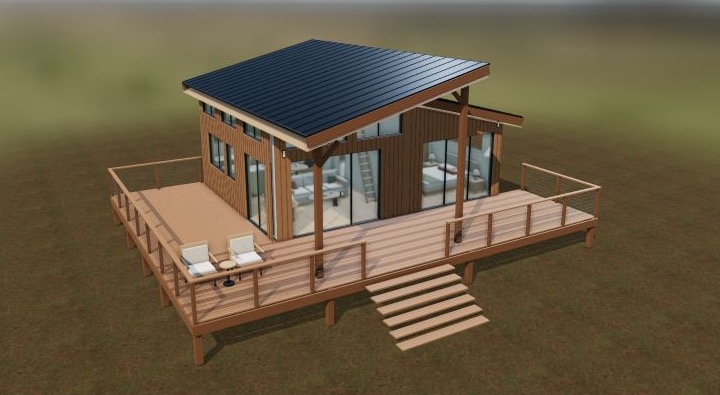 Three-dimensional cabin model with its roof, windows, exterior cladding, and deck.