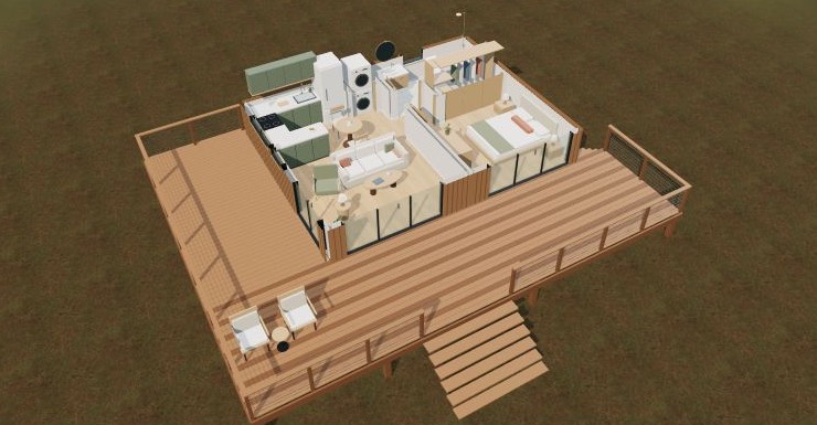 Furnished dollhouse view showing the living room, kitchen, bedroom, and bathroom.