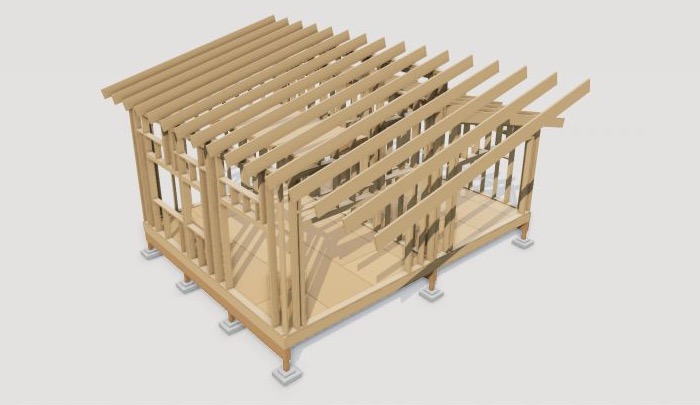 Cabin framing model showing the floor, wall studs, loft, and roof structure.