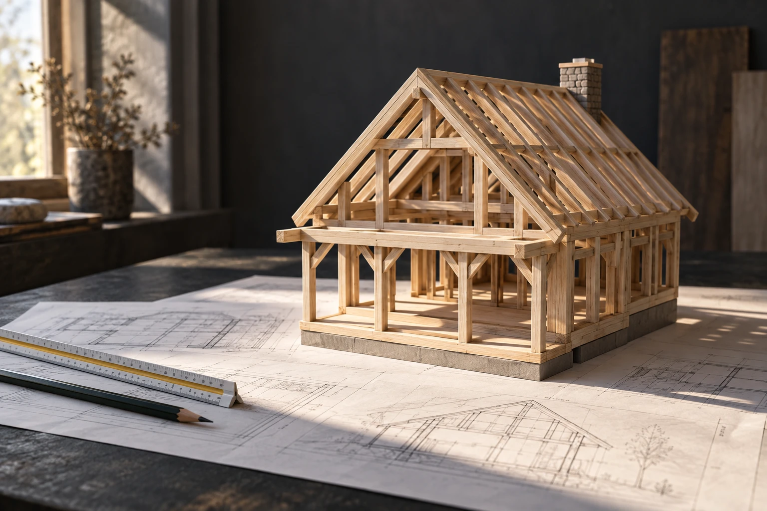 Illustrative basswood cabin study model showing the relationship between drawings and a physical structure.
